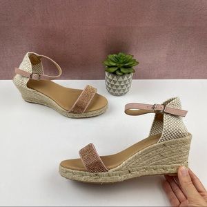Apaseart Leather Blush Pink Tan Rhinestone Wedge Sandals Espadrilles Women